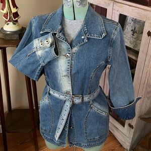 Vintage Y2K Studded Jean Jacket Faded Flattering Grommet Belt 90s Streetstyle